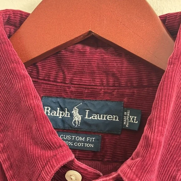Vintage 90s Ralph Lauren Burgundy Corduroy Button Down Shirt Size XL